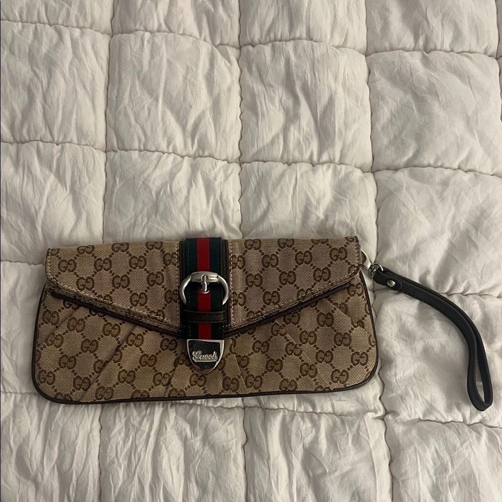Gucci Beige and Black Monogram Wristlet
